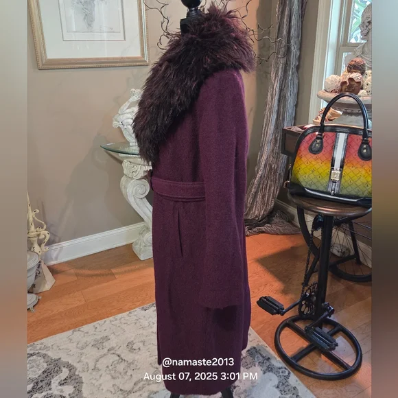 Guess Burgundy Purple Wool Blend Coat with Faux Mongolian Fur Trim Designer #679